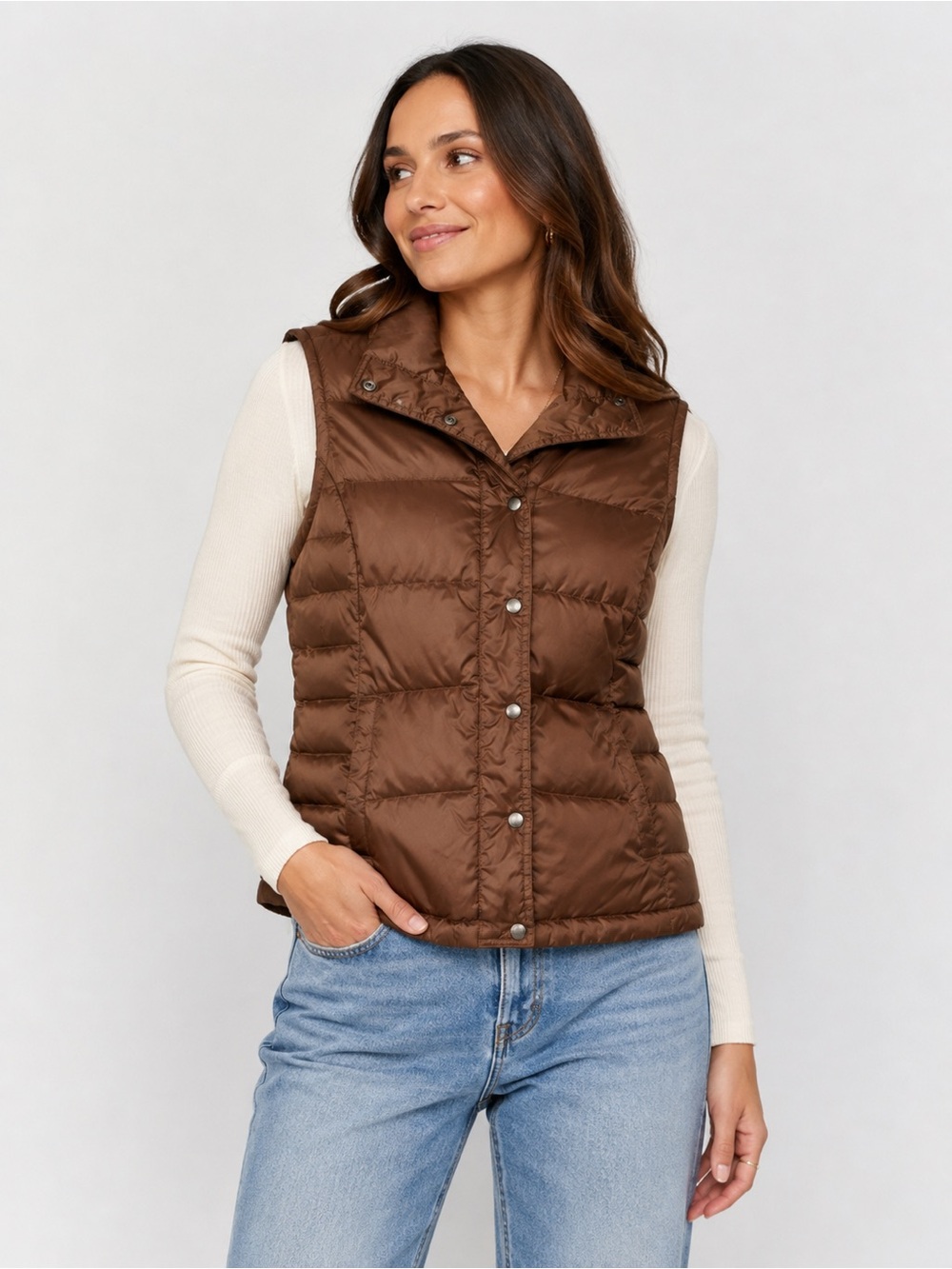 Lands' End Down Feather Puffer Vest Bronze Brown Size M 10-12 Lined Shiny Copper